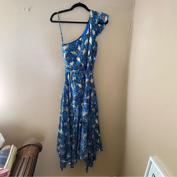 Karina Grimaldi Letitzia Dress LUREX print chiffon blue gold Sz S NWT $306 - Picture 3 of 11